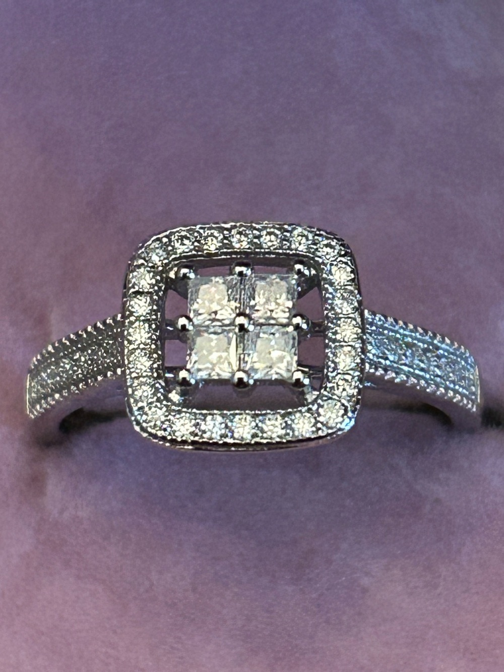 0.75CTW Genuine Moissanite Square & Round Halo Pave Ring Set in Sterling Silver
